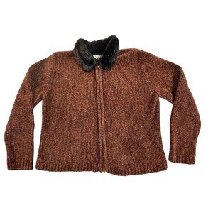 Basic Editions Holiday Sweater Womens Large Brown Faux Fur Collar Zip Cardigan